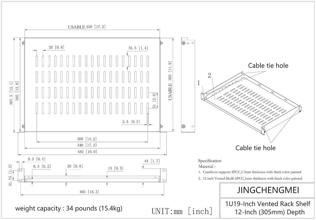 1U Vented Cantilever Server Rack Mount Shelf 12" Deep