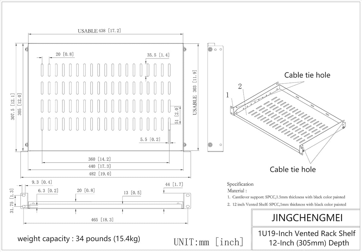 1U Vented Cantilever Server Rack Mount Shelf 12" Deep