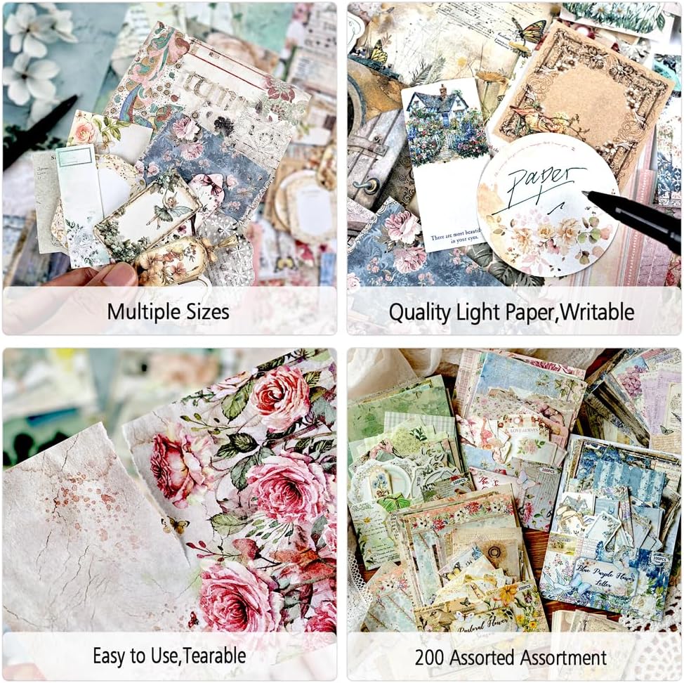 400Pcs Vintage Scrapbook Supplies Kit, Scrapbook Paper and Journaling Stickers Set, 4Pack Scrap Booking Kit for Junk