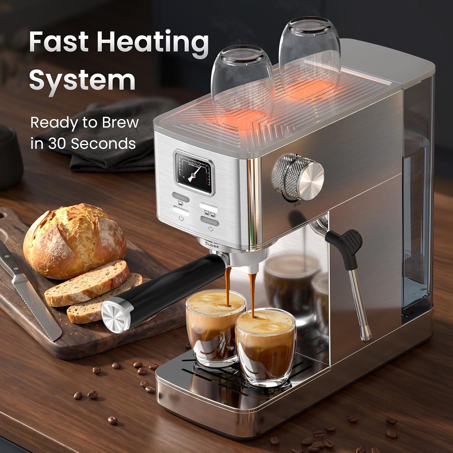 20 Bar Espresso Machine with Pressure Gauge & Steam Frother | Semi-automatic brewing, hot water function, 47 oz