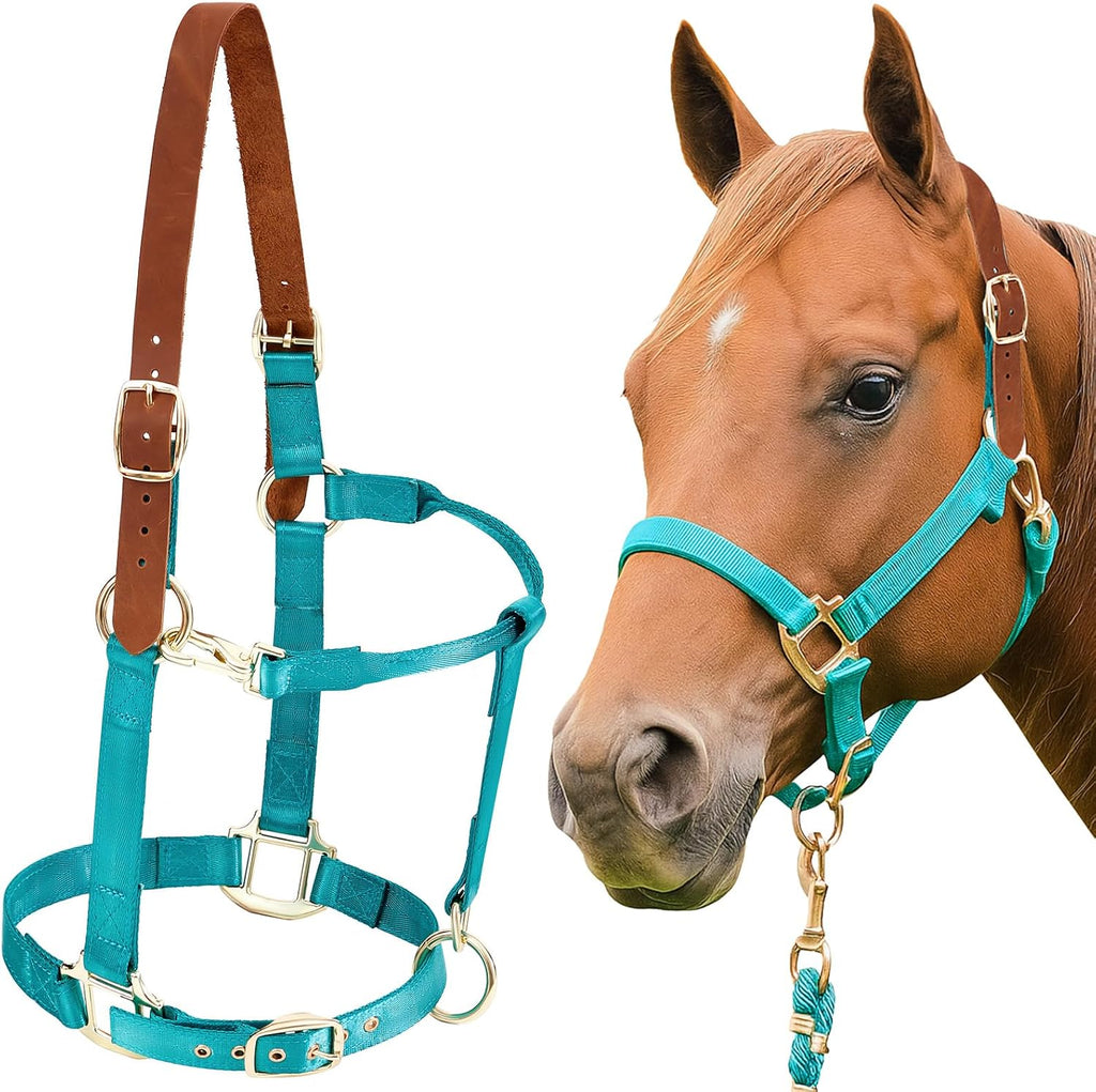 Leather Halter for Horses, Equine Breakaway Nylon Rope Horse Halter with Snap & Adjustable Chin and Throat Snap Hook