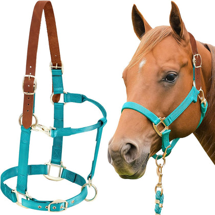 Leather Halter for Horses, Equine Breakaway Nylon Rope Horse Halter with Snap & Adjustable Chin and Throat Snap Hook