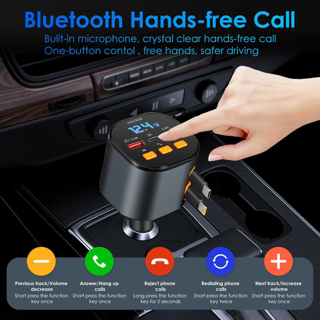 Retractable Car Charger,5 in 1 Fast Car Phone Charger 90W,Bluetooth 5.3 FM Transmitter Adapter,Handsfree Call,2