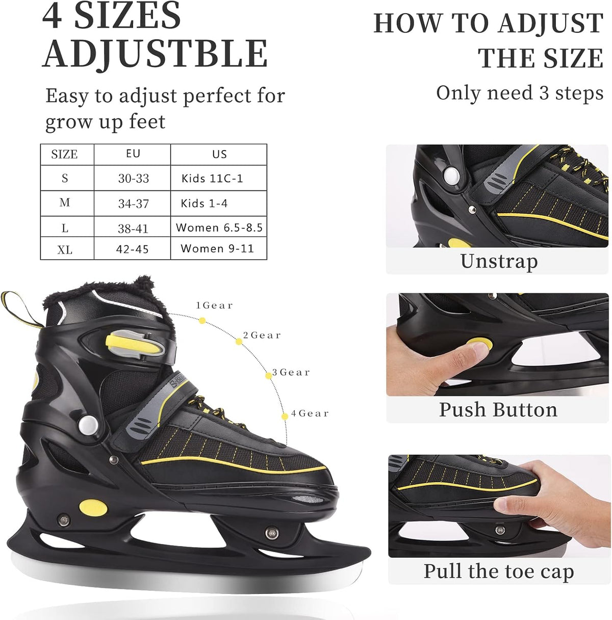 Ice Skates,Hockey Skates with Adjustable 4 Sizes,Soft Padding and Reinforced Ankle Support for Boys Girls Youth Men