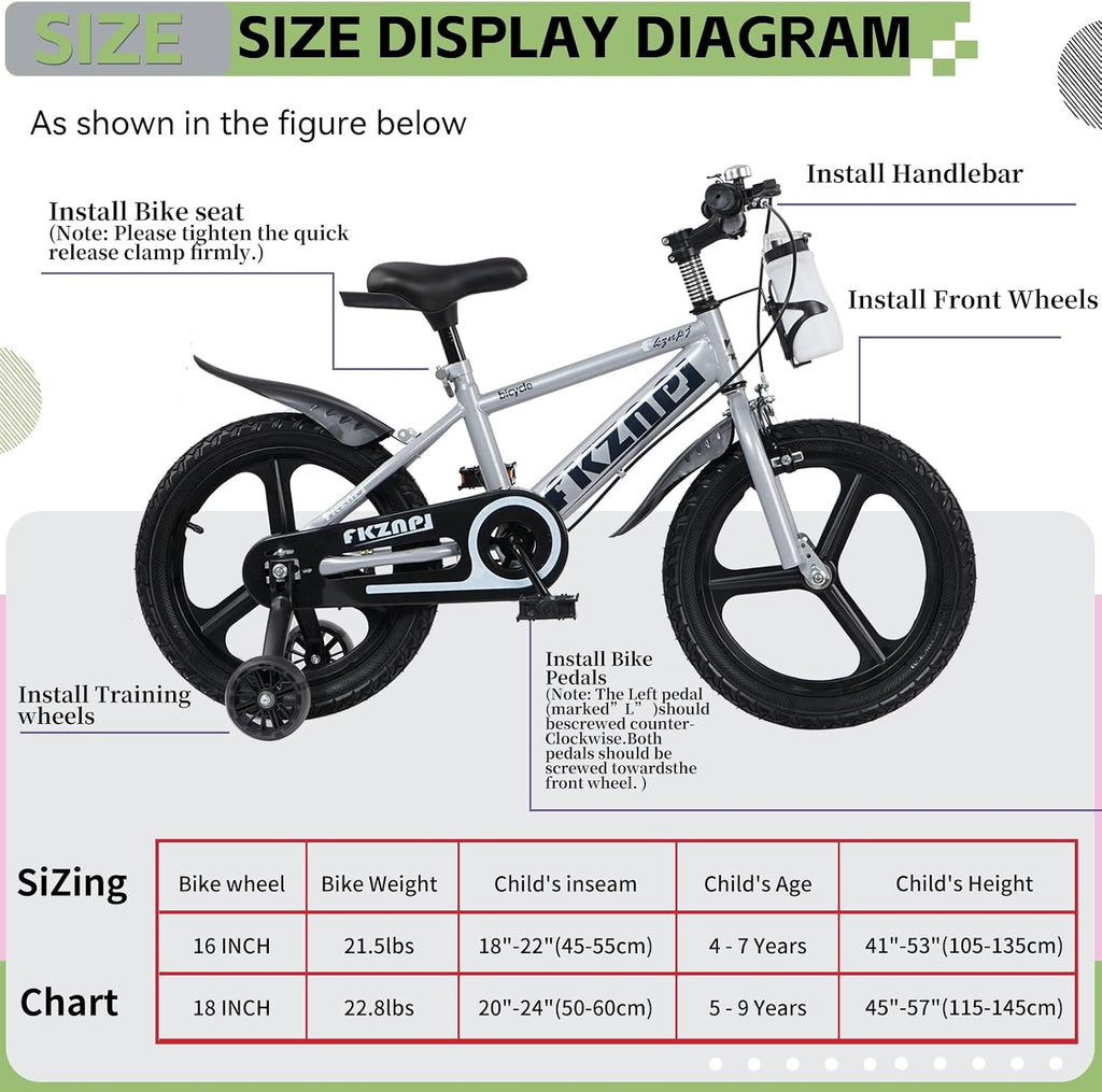 Kids Bike for Boys Girls Ages 3-9, 16 18 Inch Bicycle with Training Wheels or Kickstand/Adjustable Seat, Toddler