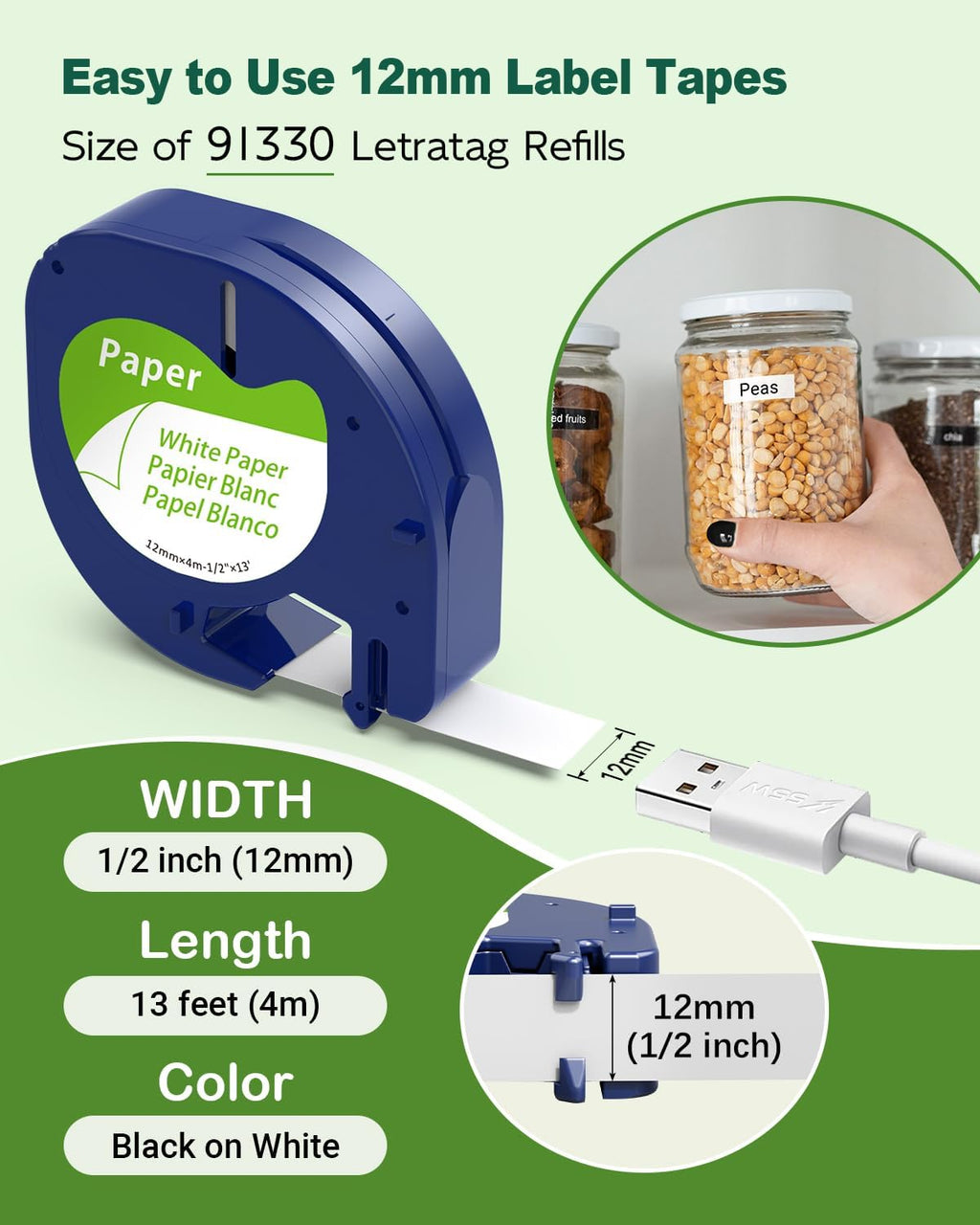 5X Replace for Dymo Label Maker Refills White Paper Letratag 12mm x4m 91330 | Compatible with DYMO Letratag Refills