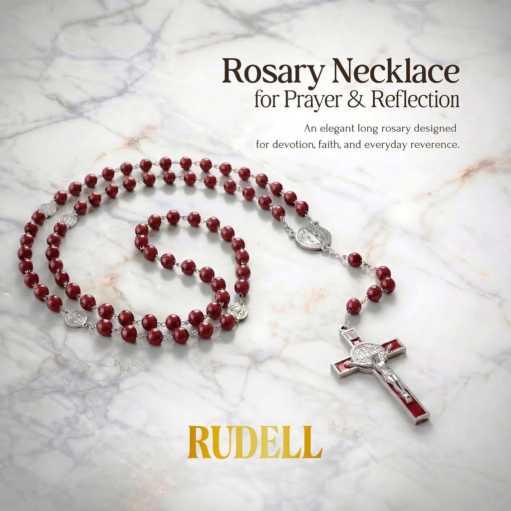 Rosary Beads Catholic for Women - Rosary Necklace for Women with Pearl Beads - Medal Cross Saint Benedict Rosary for