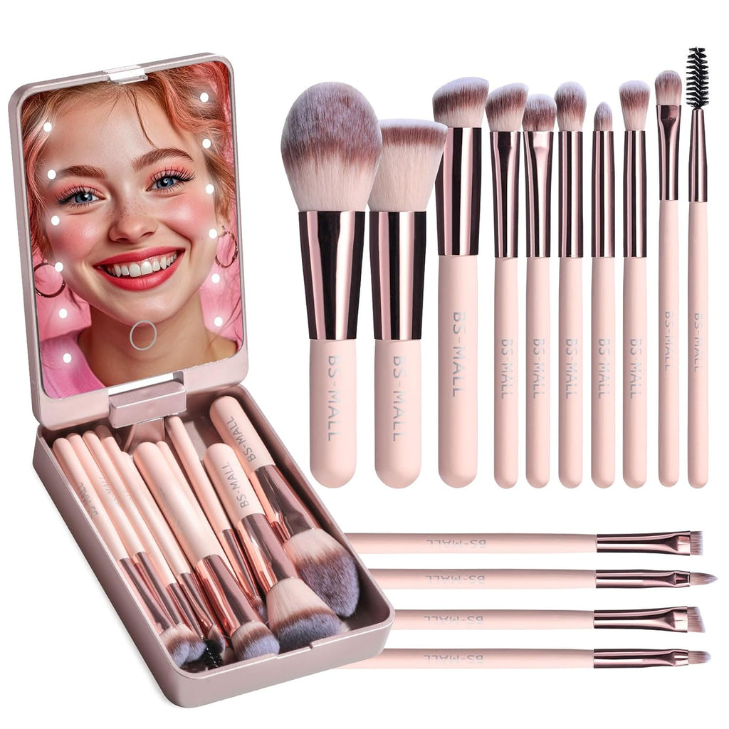 Makeup Brushes Foundation Powder Concealers Eye Shadows Makeup Set with LED light Mirror 14 Pcs Mini Makeup Brushes