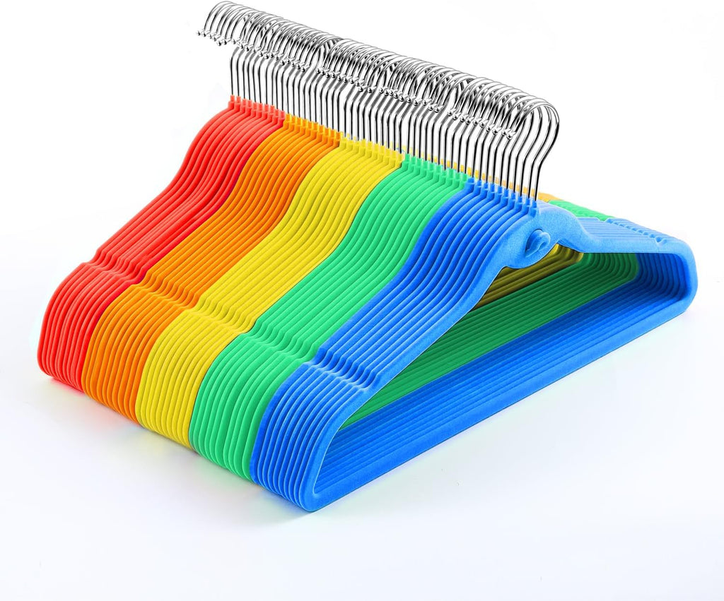 Multi-Color Premium Velvet Hangers with Mini Hooks, Pack of 50, Non Slip, Space Saving Cascading Clothes Hangers