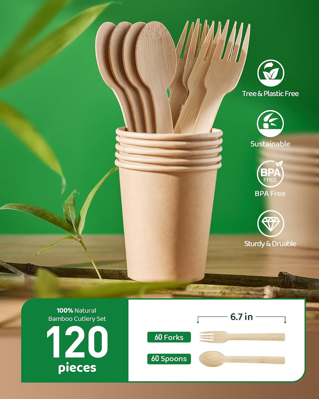 100% Bamboo Disposable Cutlery Set - 120 Mix (60 Forks,60 Spoons)