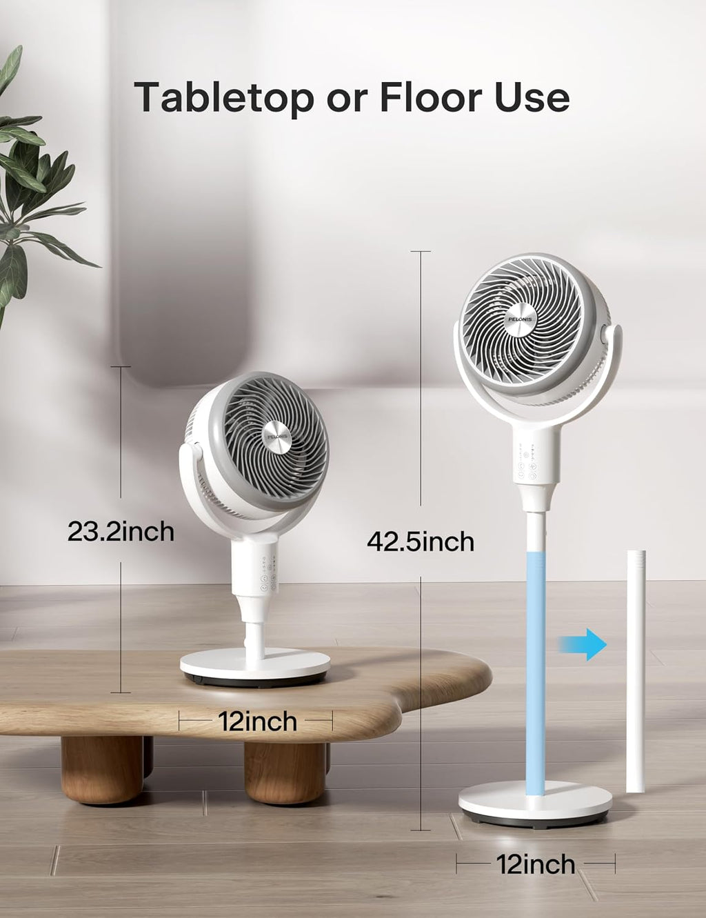 Omni-Directional Air Circulator Fan with Remote for Bedroom, White | Dual Height Standing Pedestal Fan with 3D Auto