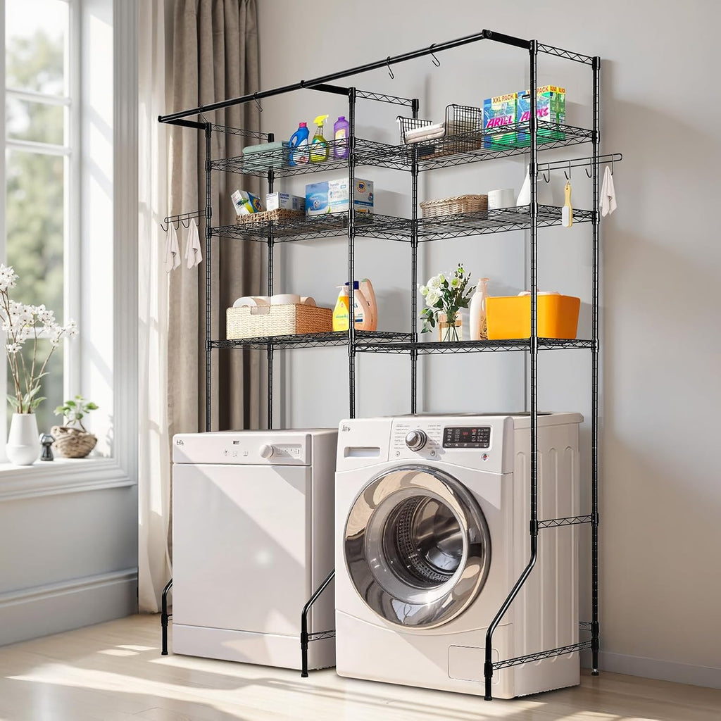 Over Washer and Dryer Storage Shelves, 6 Tiers Laundry Room Drying Rack with Hanger Rod and Hooks, Two Rows