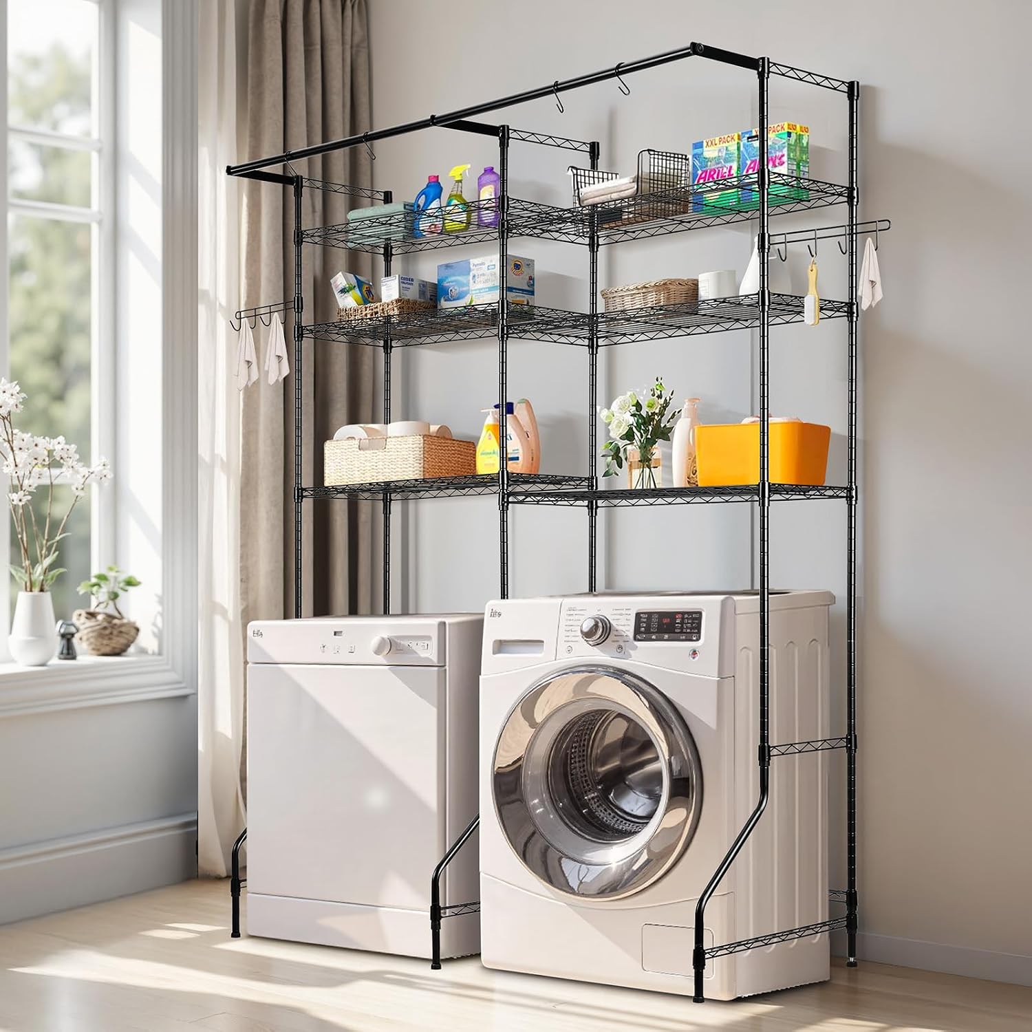 Over Washer and Dryer Storage Shelves, 6 Tiers Laundry Room Drying Rack with Hanger Rod and Hooks, Two Rows