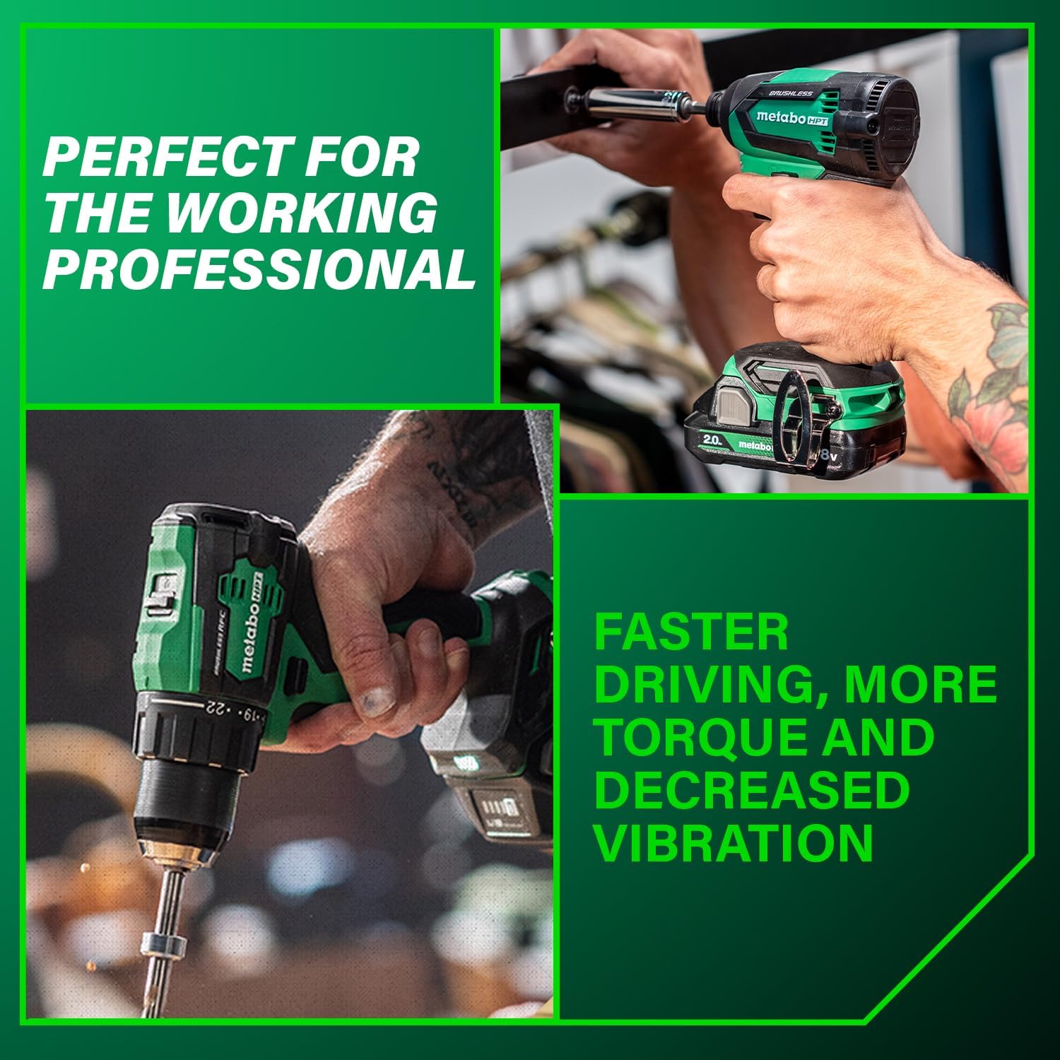 18V MultiVolt Cordless Brushless Driver Drill & Impact Driver Combo Kit, Power Tool Kit, 2 Lithium-Ion Metabo HPT