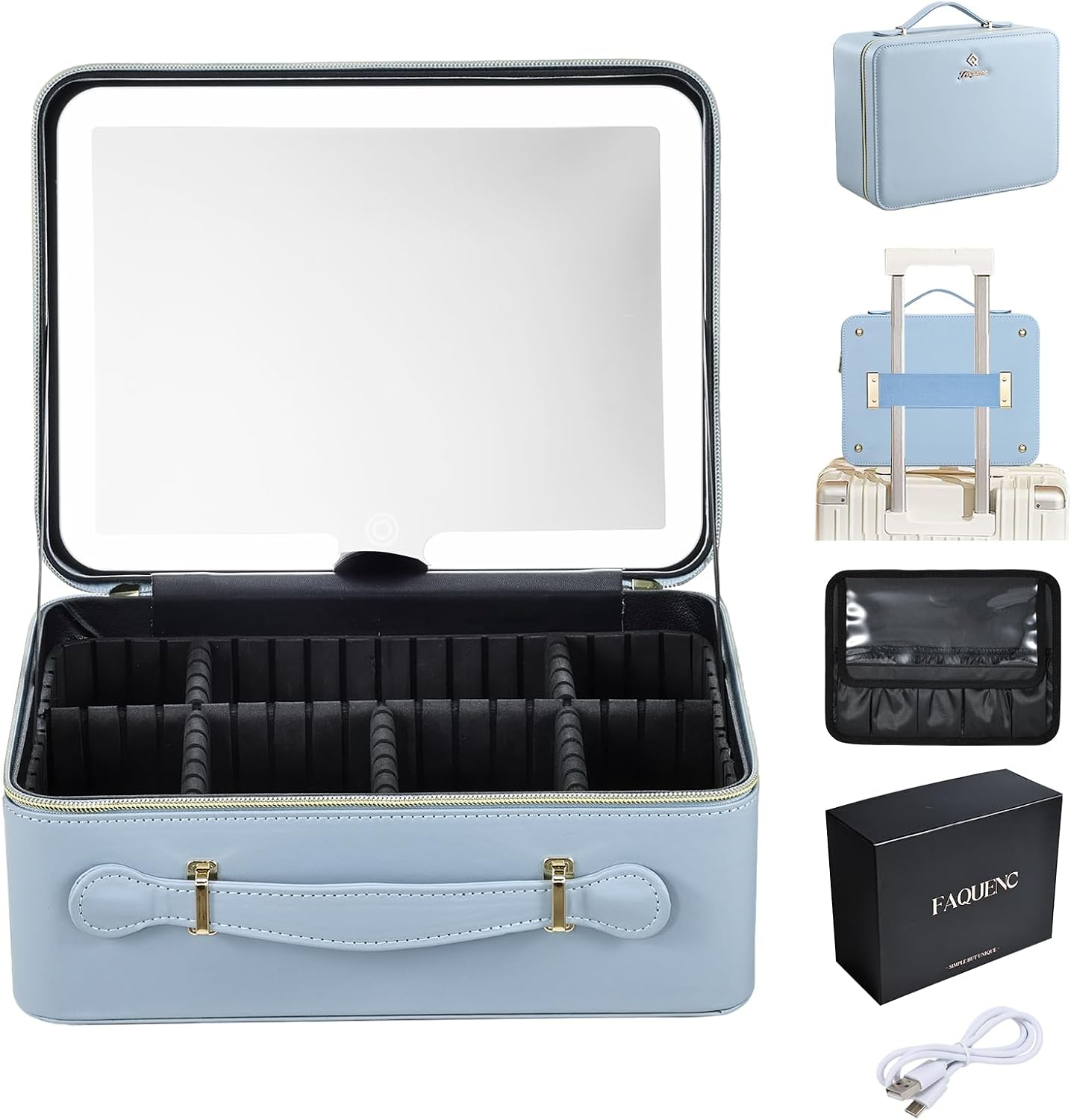 Leather Makeup Case with LED Lighted Mirror 11.4 Inch Travel Makeup Bag Adjustable Brightness in 3 Colors Cosmetic