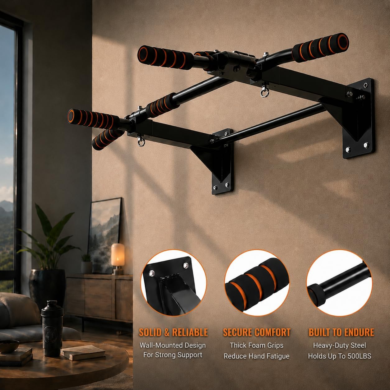 Wall Mounted Pull Up Bar, 500 LBS Heavy Duty Chin Up Bar for Home Gym | 500 LB Steel Frame Zero Wobble Triangle