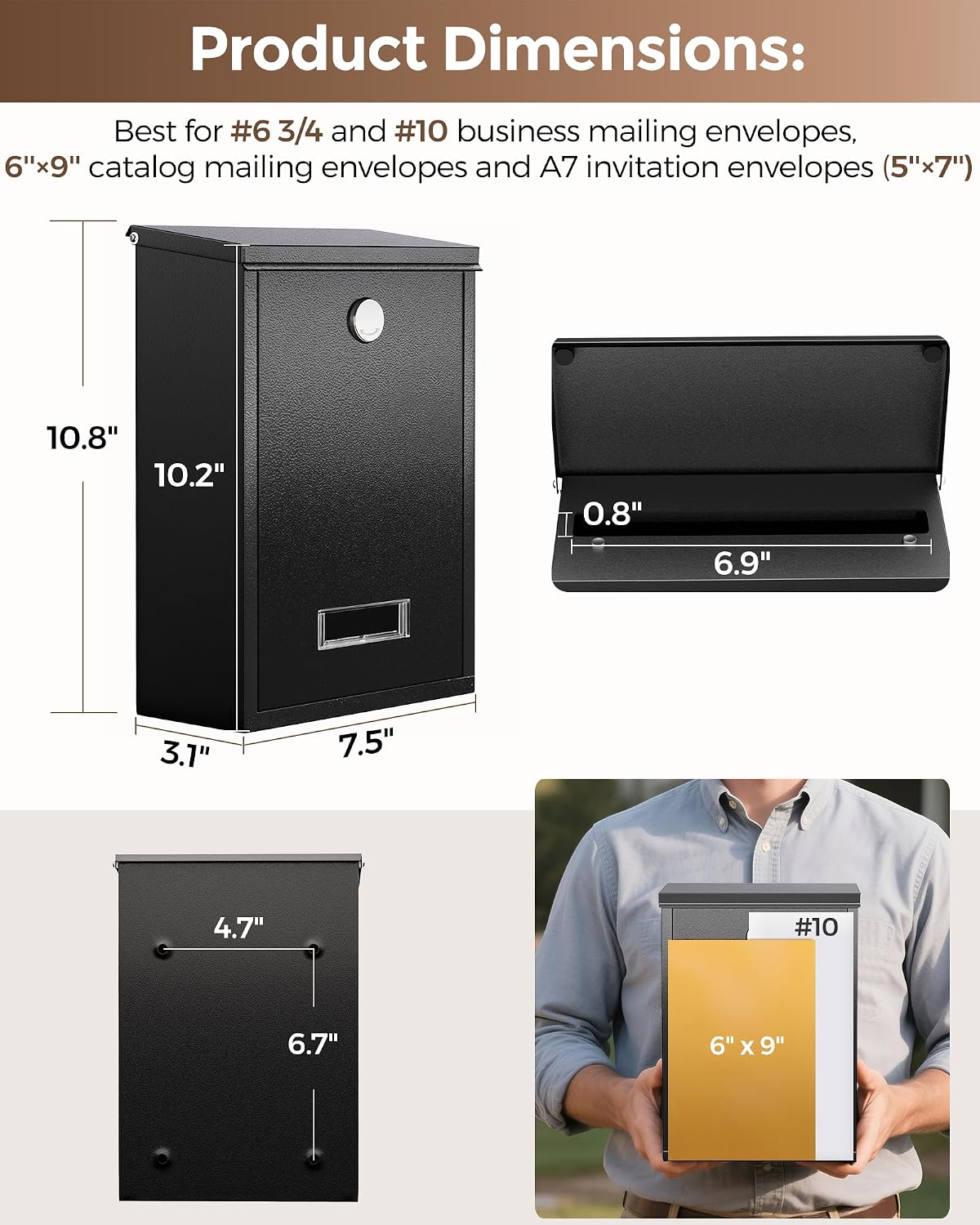Locking Wall-Mount Mailbox for Outside, with 4 Keys, Galvanized Steel Rustproof Metal Postbox, 3.1" Dx7.5 Wx10.8 H