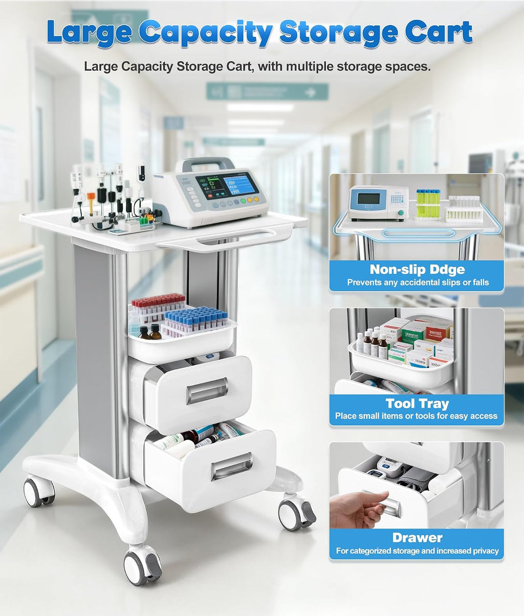 Medical Trolley Cart with Drawers, Hospital Mobile Ultrasound Cart with Trays & 4 Silent Swivel Wheels, 220 LBS Load