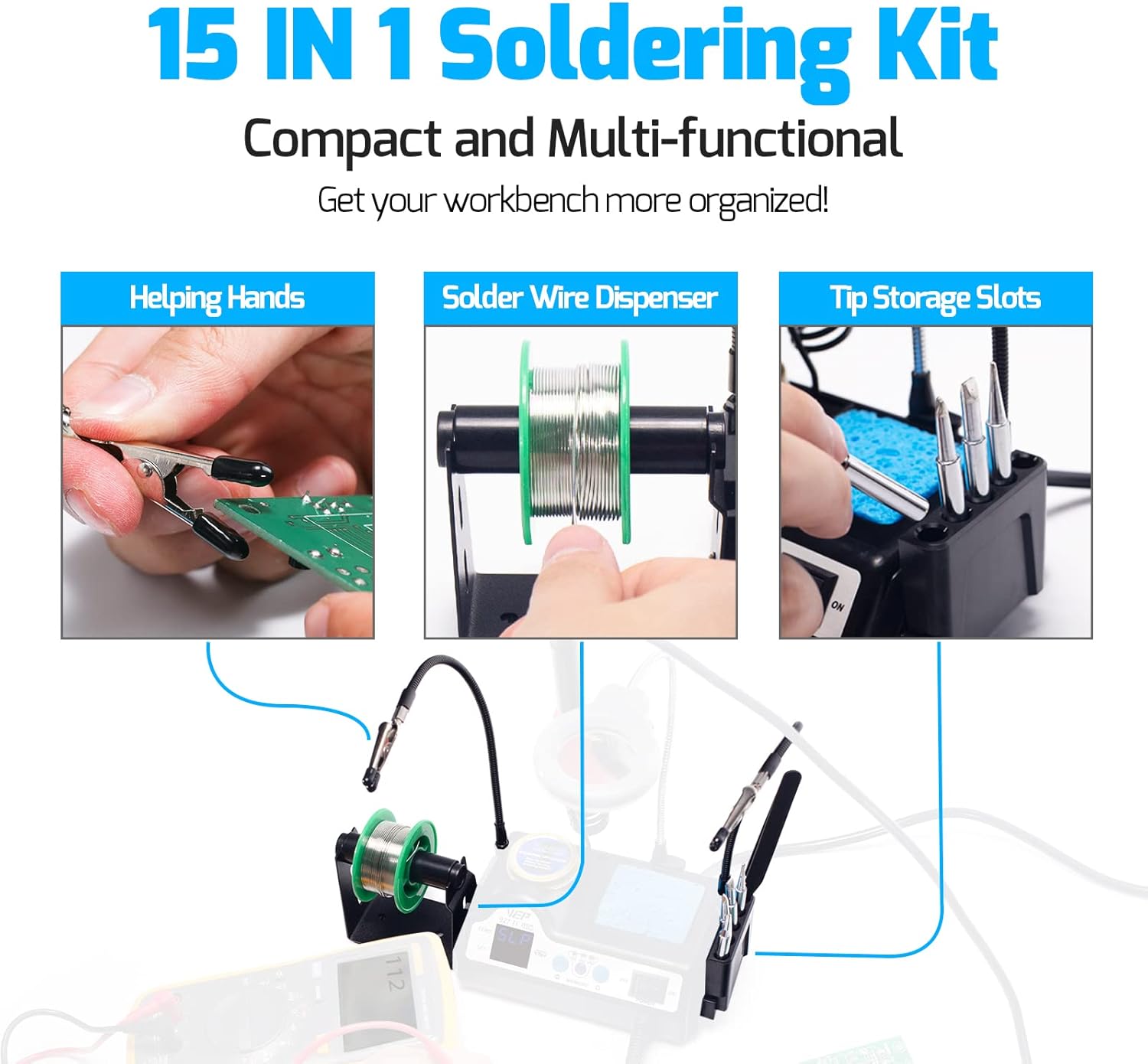927-IV Soldering Station Kit High-Power 110W with 3 Preset Channels, Sleep Mode, LED Magnifier, 5 Extra Iron Tips