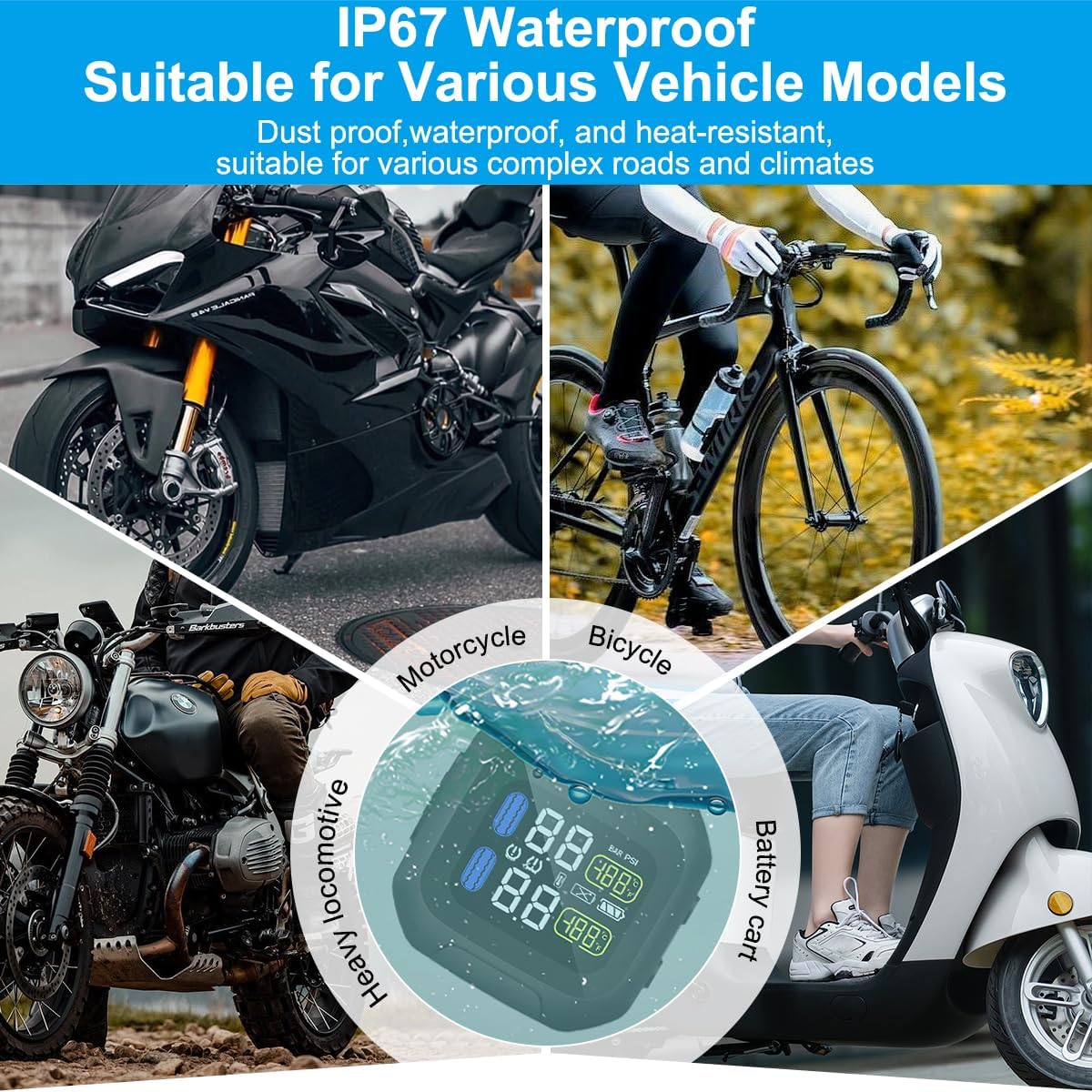 Motorcycle TPMS with 2 External Sensors, USB Rechargeable，LCD Display | Wireless TPMS for Two-Wheeled Motorcycles