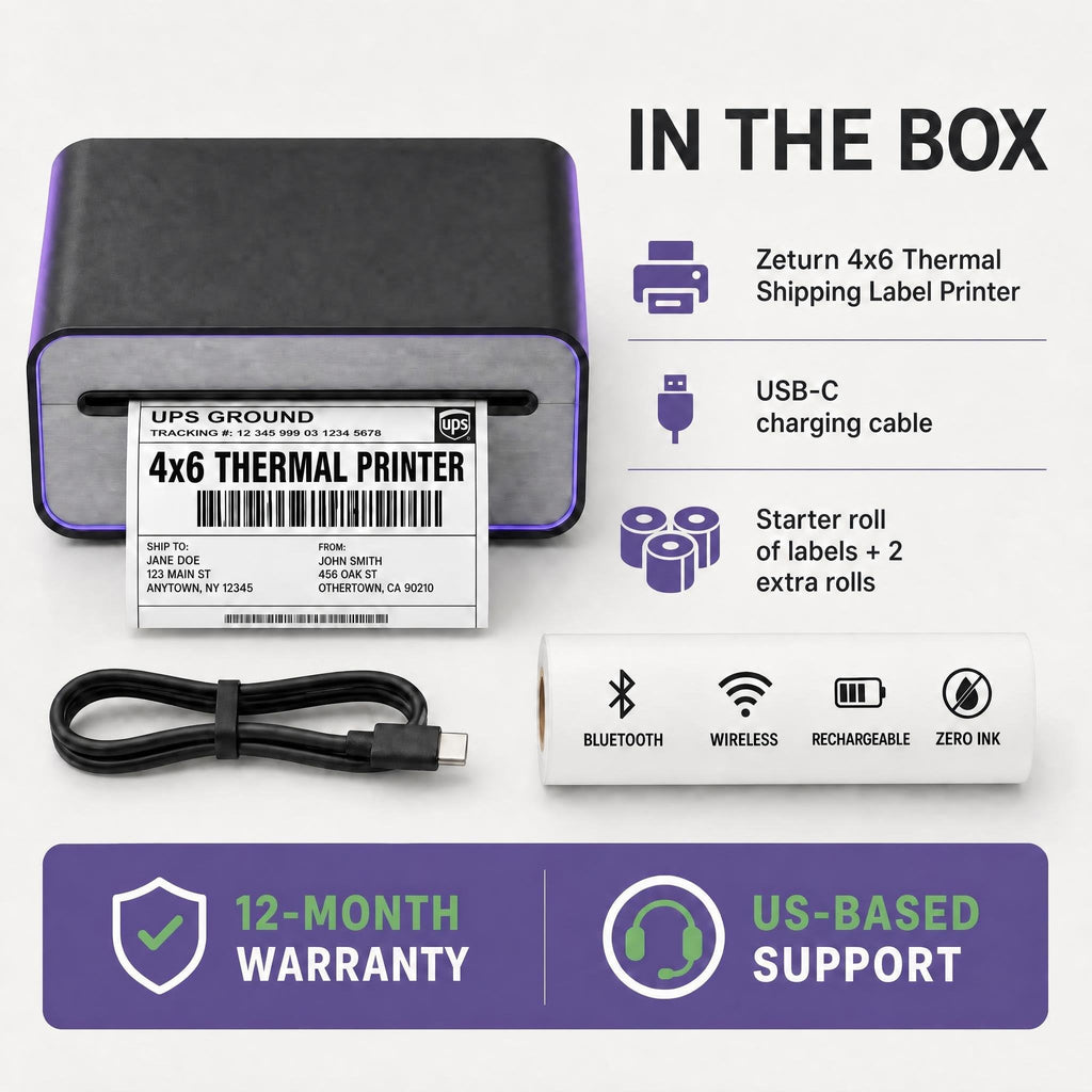 4x6 Thermal Label Printer - Bluetooth, Wireless, 2 Extra Label Rolls