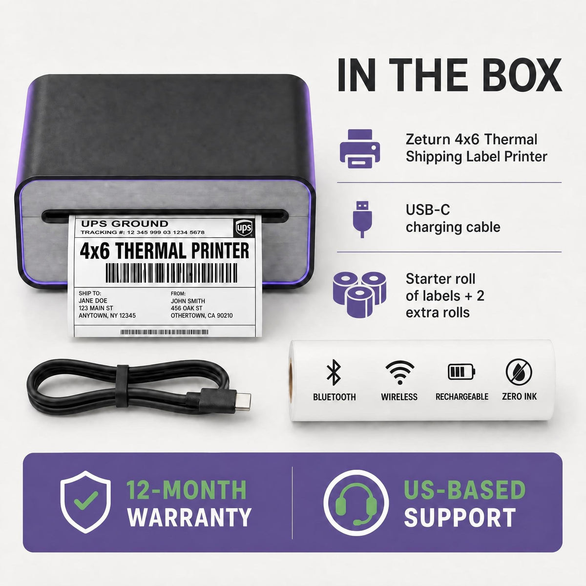 4x6 Thermal Label Printer - Bluetooth, Wireless, 2 Extra Label Rolls