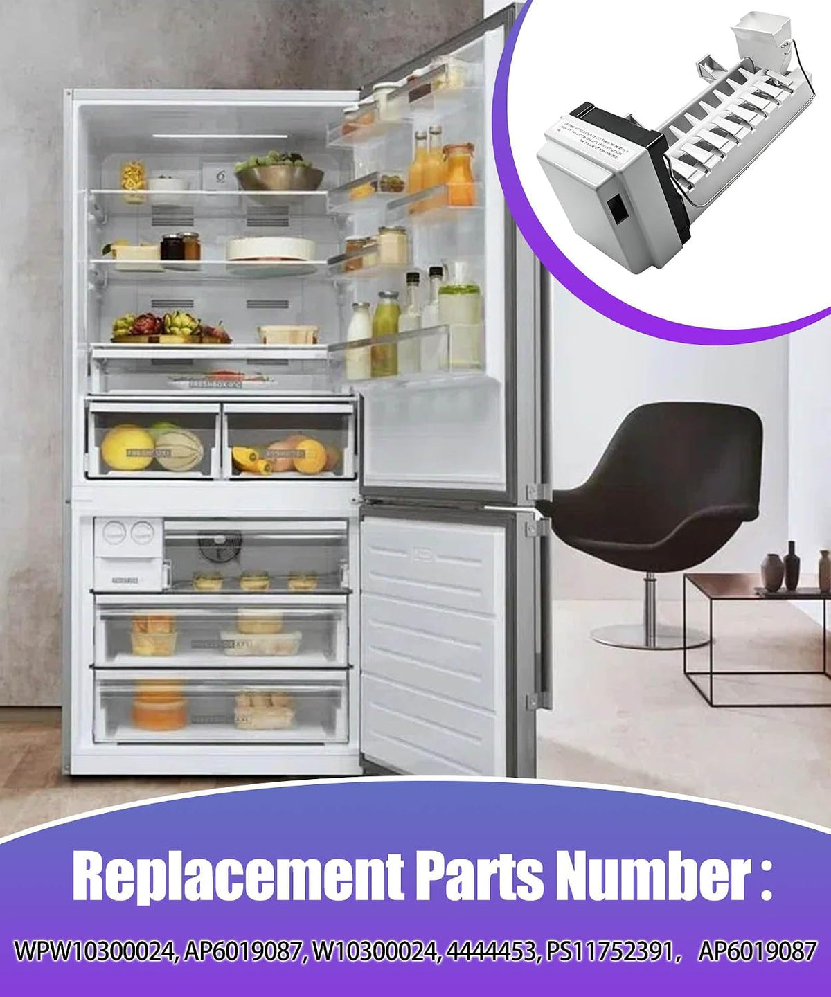 W10300024 Refrigerator Ice Maker Compatible with Whirlpool/Maytag/Kenmore ，Replace WPW10300024, AP6019087, W10300024, 4444453, PS11752391