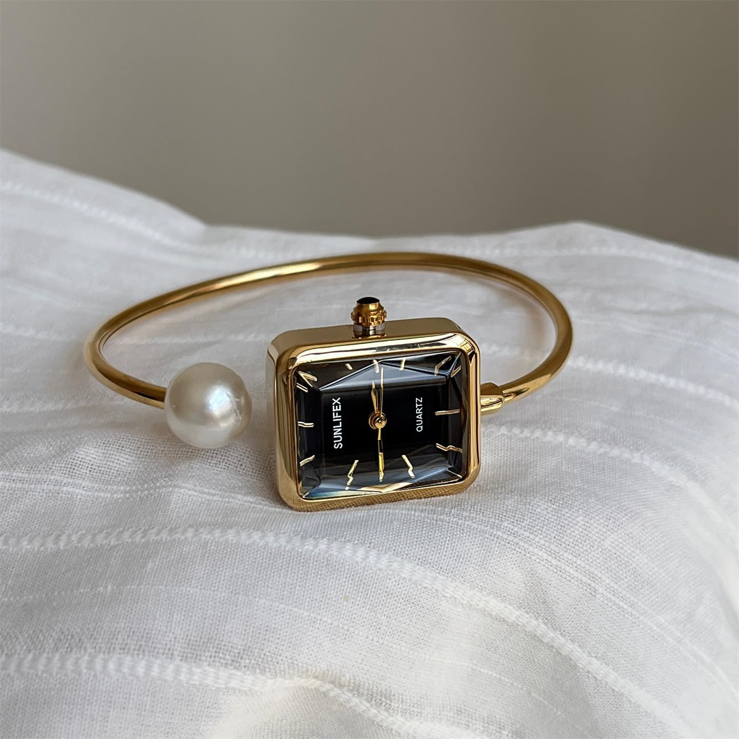 Pearl Bangle Watch for Women, Gold Bracelet Watch with Square Easy Read Dial, Dainty Elegant Cuff Watch for Women
