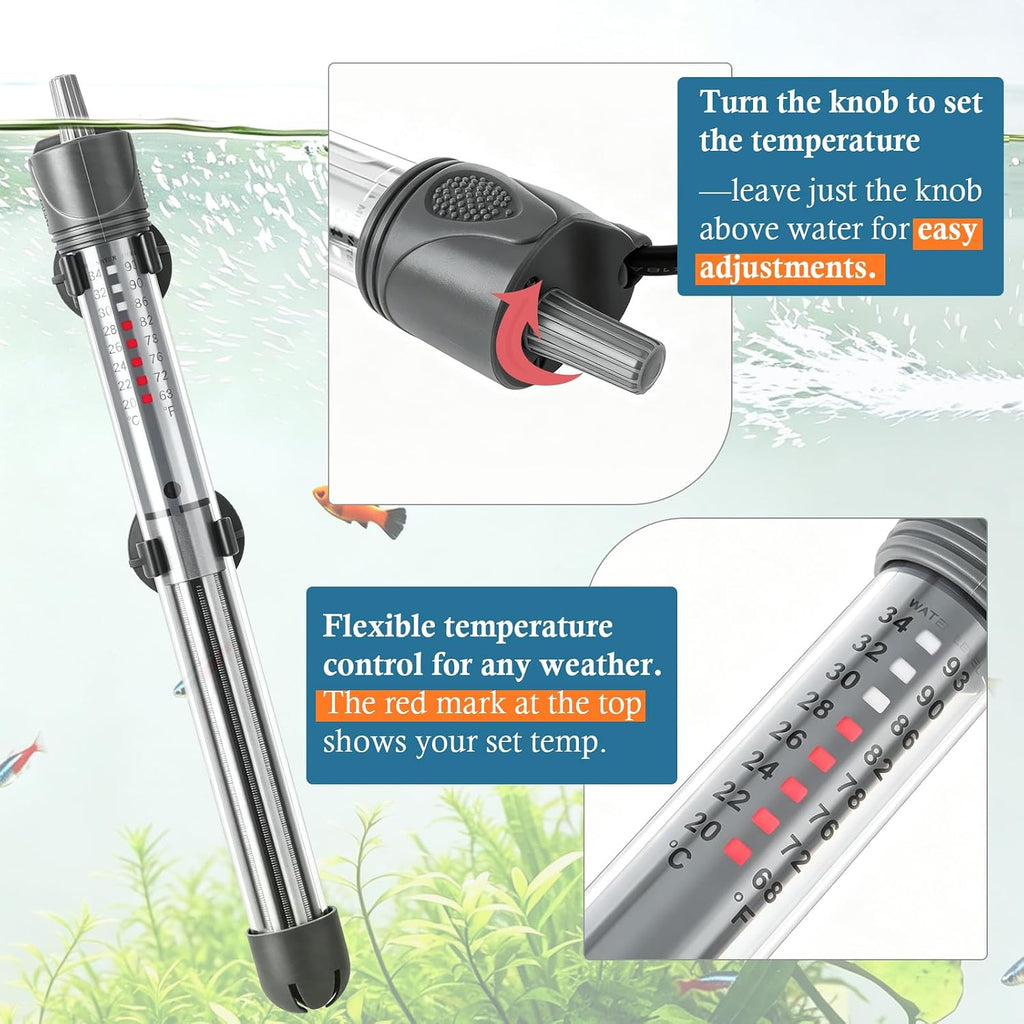 200W Adjustable Aquarium Heater, Submersible Fish Tank Heater Thermostat with Suction Cups for 30-45Gal