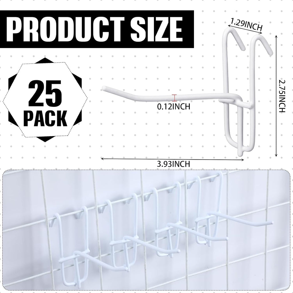25 Pack Grid Wall Hooks, 4 Inch White Gridwall Hanger | Metal Build for Retail Craft Displays, Fits Gridwall Panels