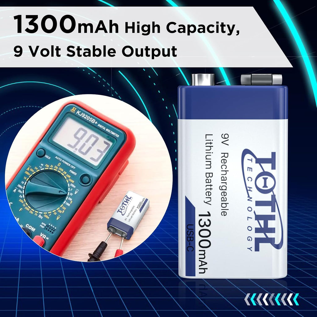 4-Packs 9V Rechargeable Batteries+Storage Box,1300mAh USB 9 Volt Lithium Batteries 2 in 1 Charging Cable Long Lasting