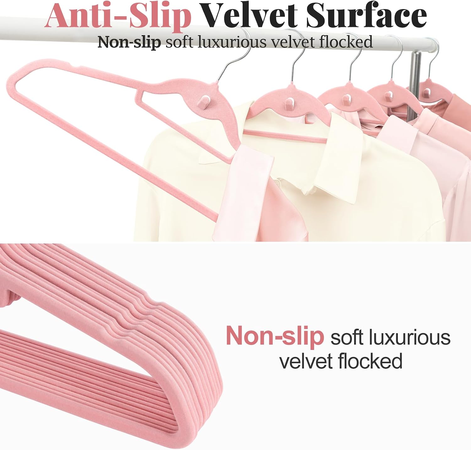 Velvet Felt Stackable Hangers 50 Pack, Thin & Space Saving, Pink | Non Slip, 15Lbs Capacity Heavy Duty With 360°