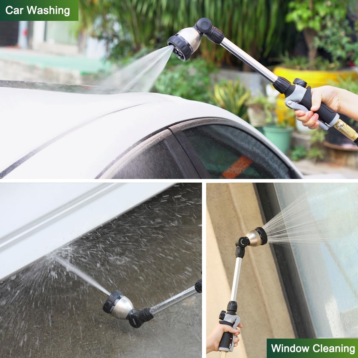 Watering Wand Heavy Duty, 16 Inches Metal Garden Hose Wand with 8 Spray Patterns, Long Hose Nozzle Sprayer with