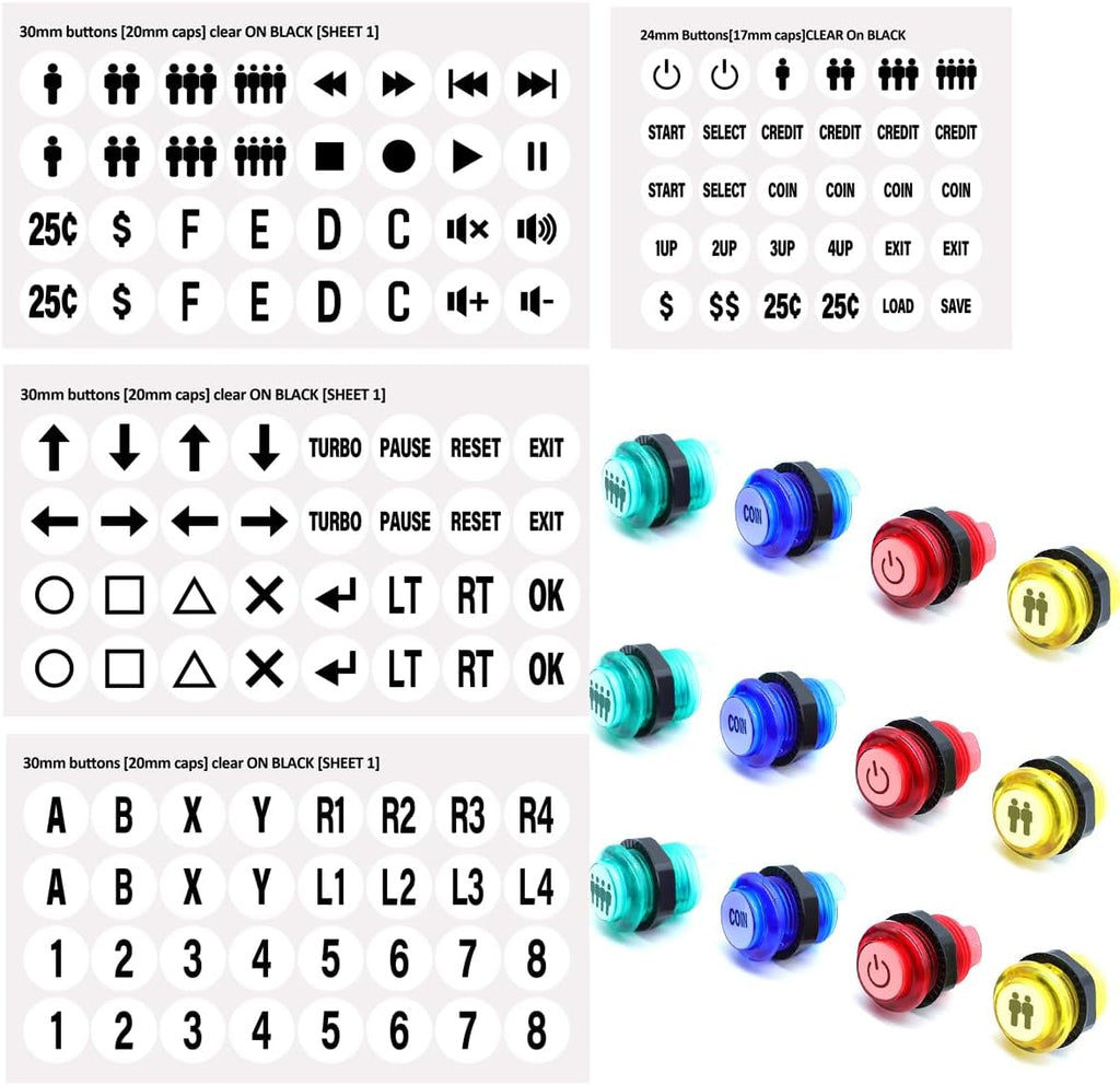 Arcade Buttons Decals,Game Button Stickers Arcade Button Cap Labels,24mm/30mm Sizes,Remote Control Stickers