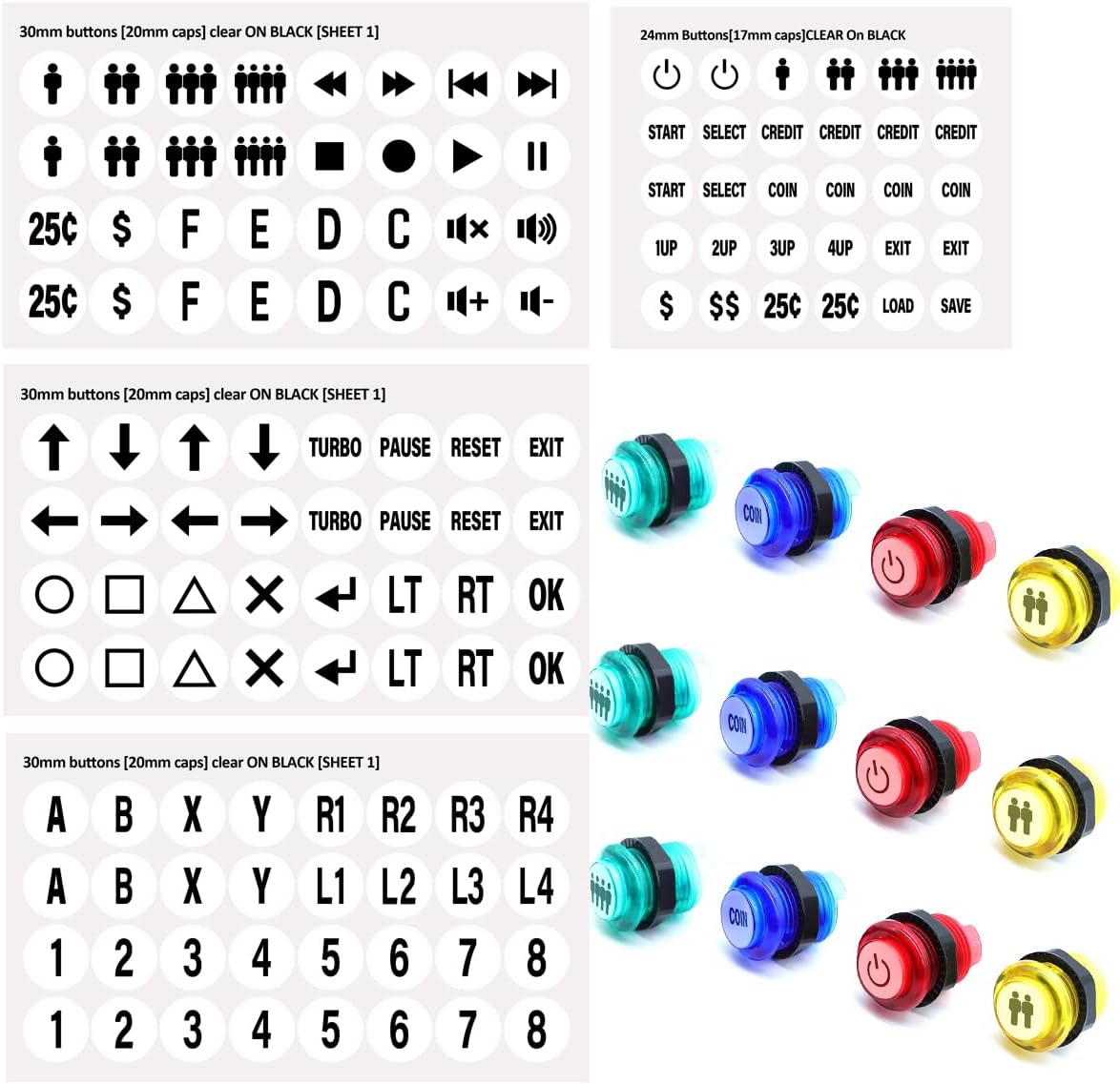 Arcade Buttons Decals,Game Button Stickers Arcade Button Cap Labels,24mm/30mm Sizes,Remote Control Stickers