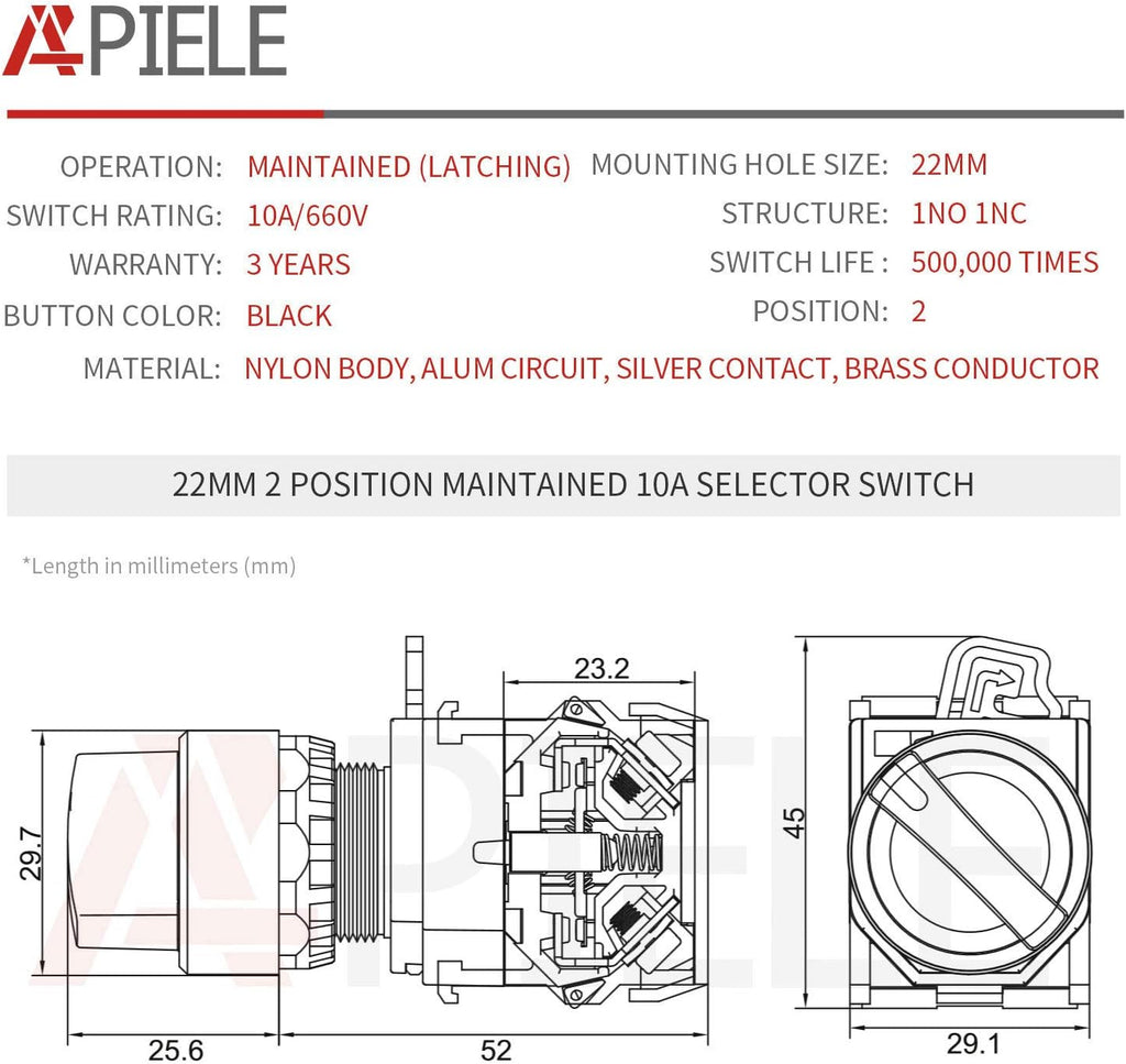 APIELE 22mm 2 Position Selector Switch 10A 440V Push Button Switch Maintained (Pack of 2)