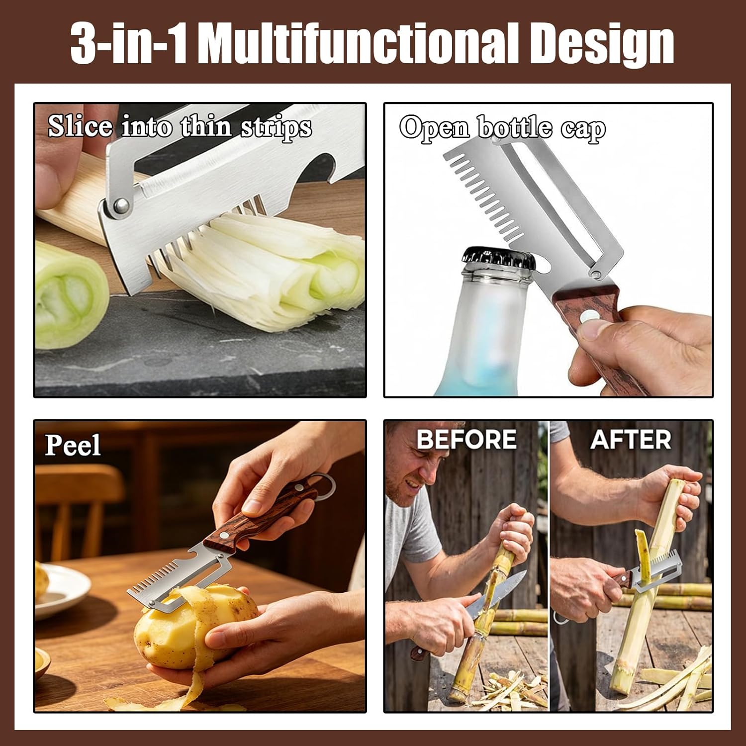 Multifunctional Vegetable Peeler, Vegetable Peeler with Wooden Handle and Bottle Opener, 2PCS 3-in-1 Peeler & Bottle
