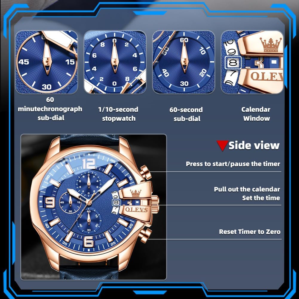 Mens Leather Watches Fashion Simple Casual Chronograph Watch for Men | Leather, Analog Quartz, Luminous, 30M