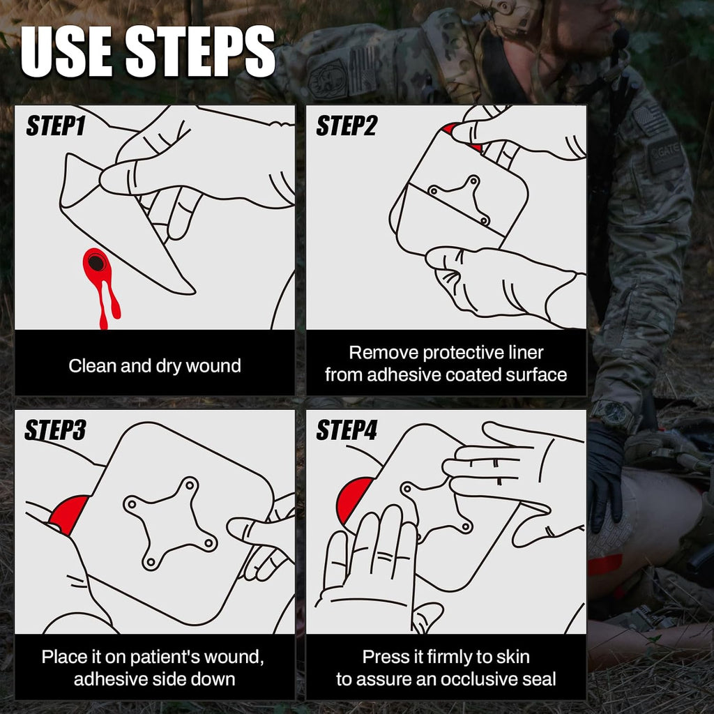 Vented Chest Seal, 4 Vents, Sterile Emergency Trauma Dressing, Occlusive Adhesive Pad, IFAK Trauma Refill Medical