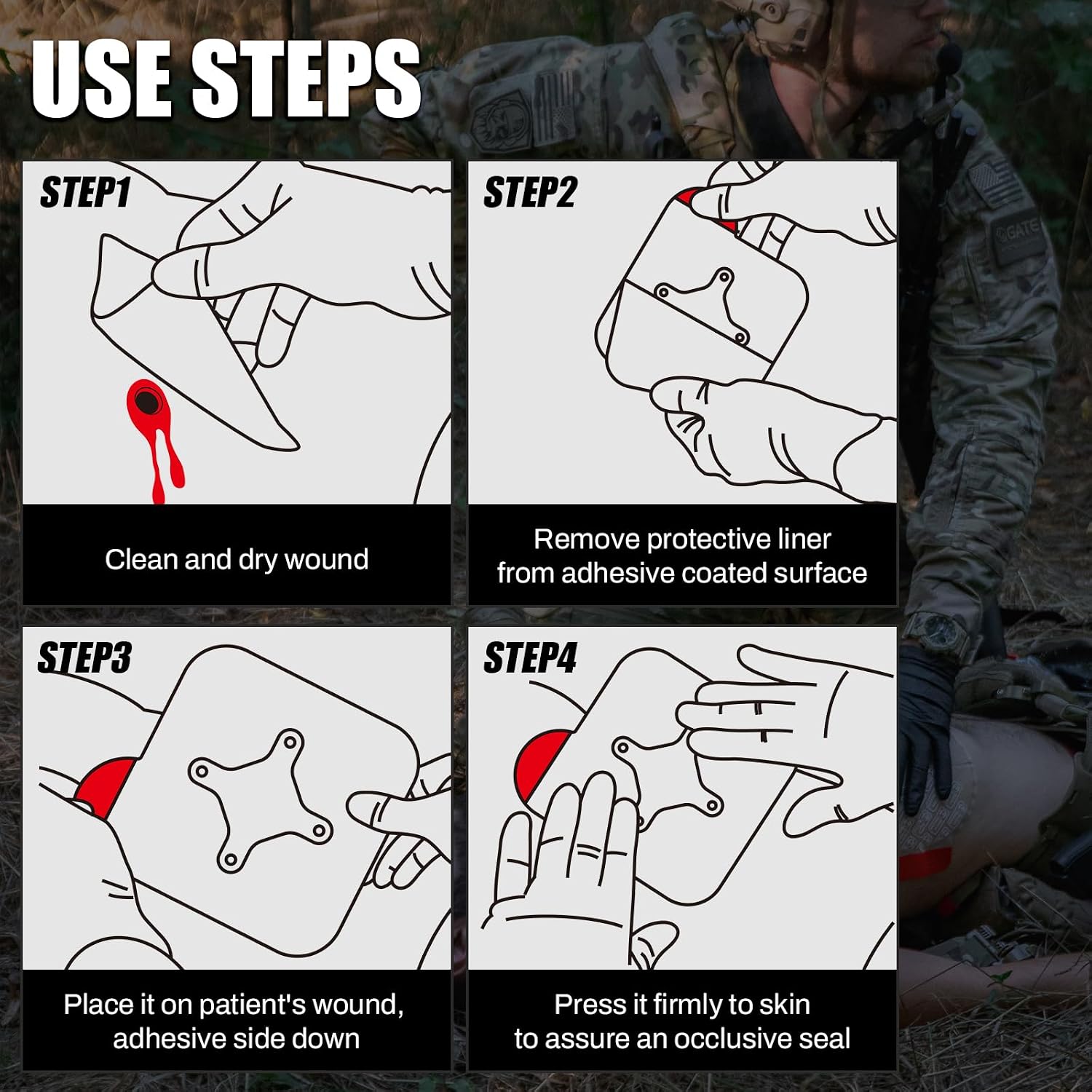 Vented Chest Seal, 4 Vents, Sterile Emergency Trauma Dressing, Occlusive Adhesive Pad, IFAK Trauma Refill Medical