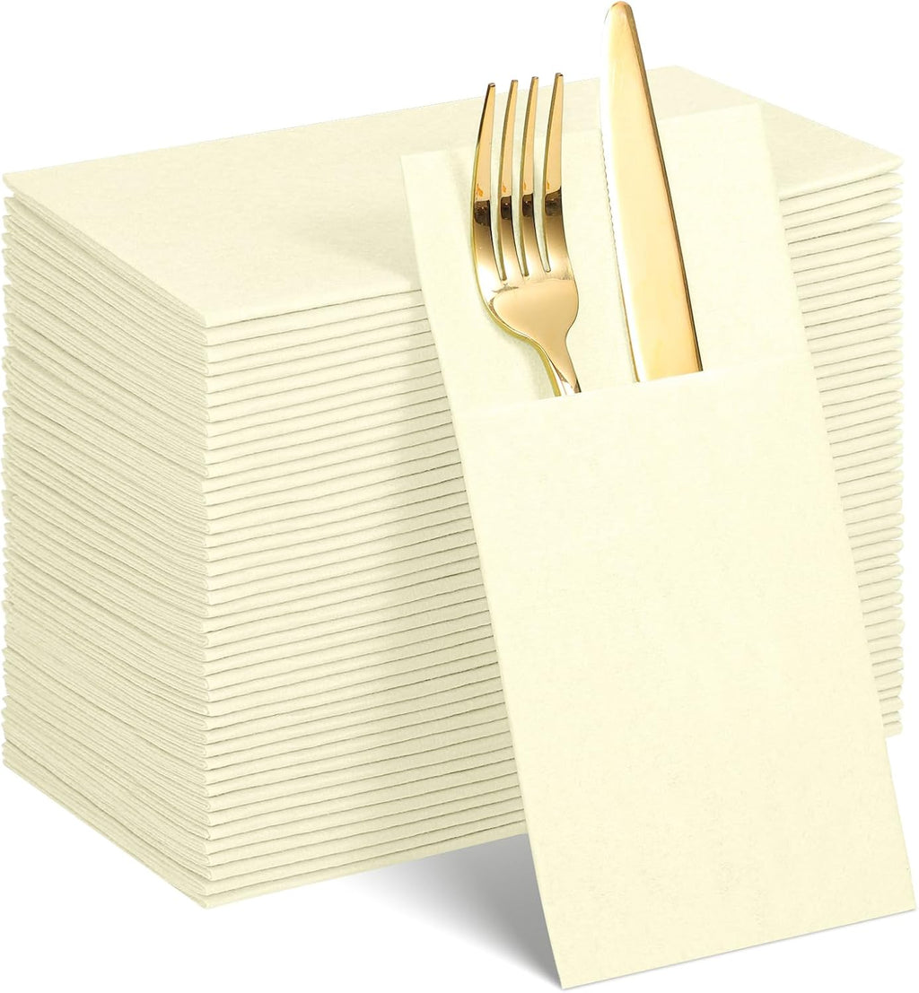 Thanksgiving Ivory Linen-Feel Paper Napkins with Built-in Flatware Pocket