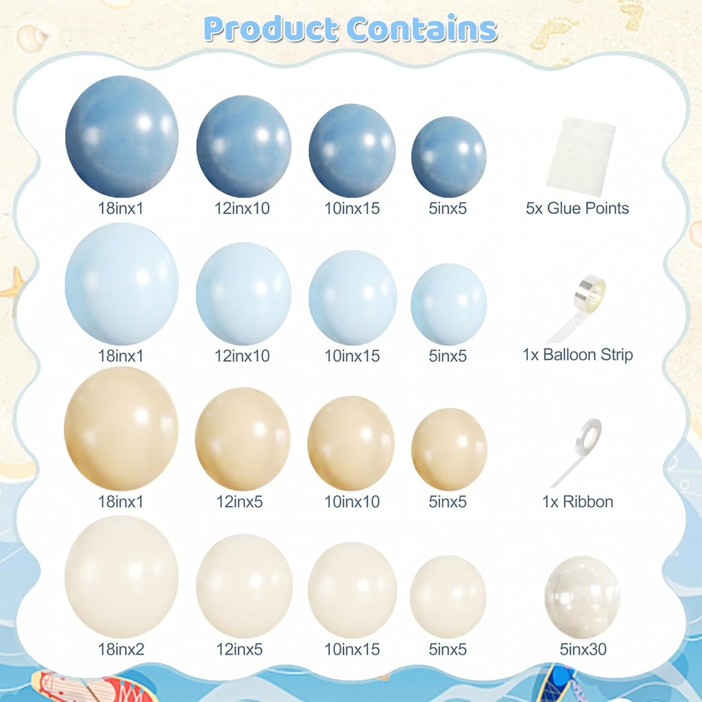 Blue Beach Balloon Arch Kit, 140Pcs Blue and White Balloon Arch Kit Including Dusty Light Blue Pearl White Sand White