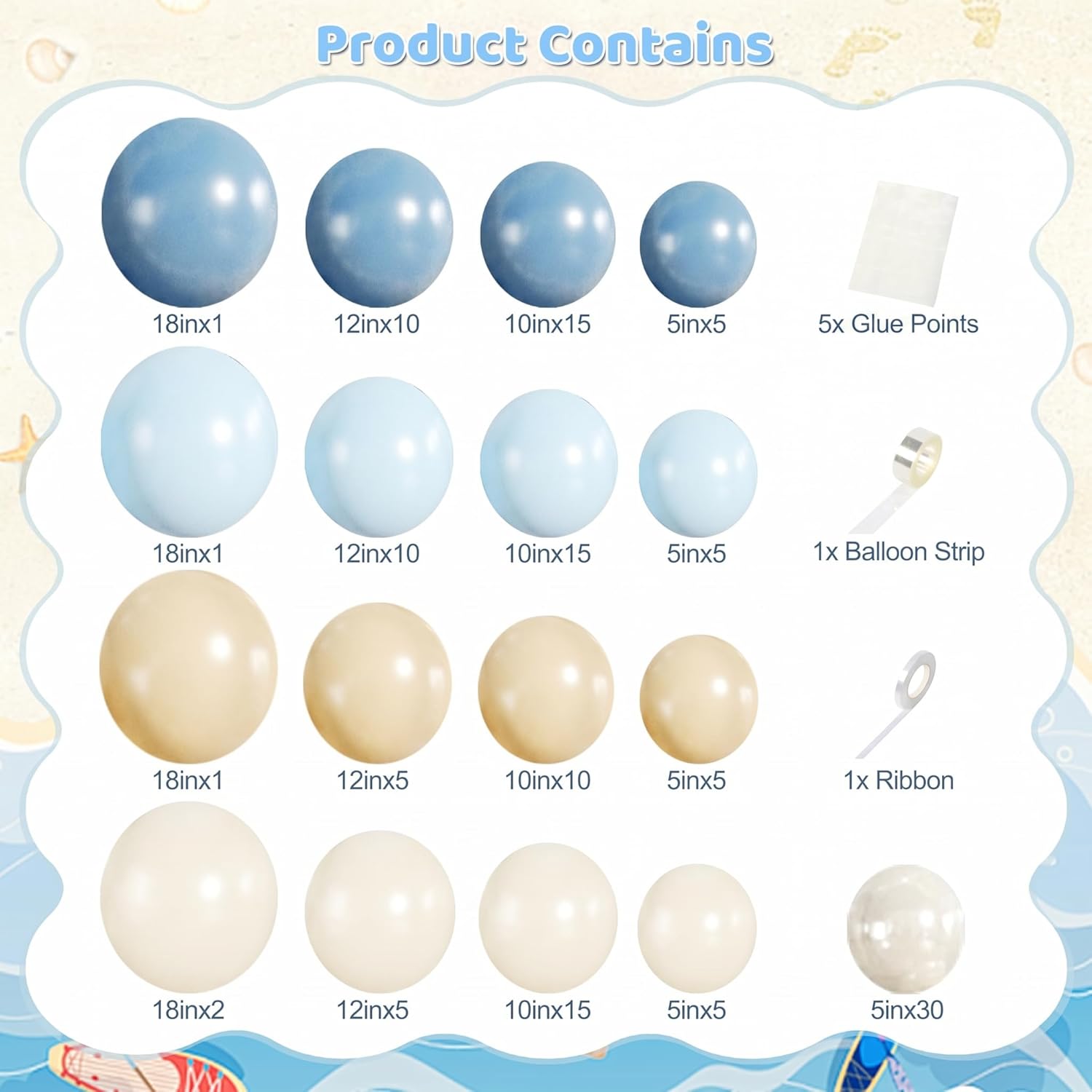 Blue Beach Balloon Arch Kit, 140Pcs Blue and White Balloon Arch Kit Including Dusty Light Blue Pearl White Sand White