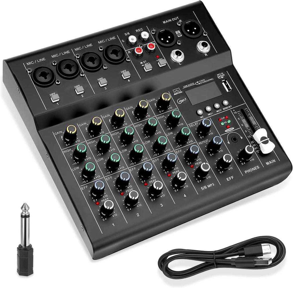 6-Channel Audio Mixer for Beginners with Bluetooth USB/MP3 Sound Card | Easy Setup DJ Mixer with DSP Effects & 48V