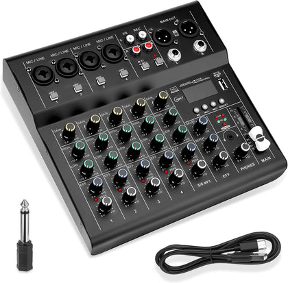 6-Channel Audio Mixer for Beginners with Bluetooth USB/MP3 Sound Card | Easy Setup DJ Mixer with DSP Effects & 48V