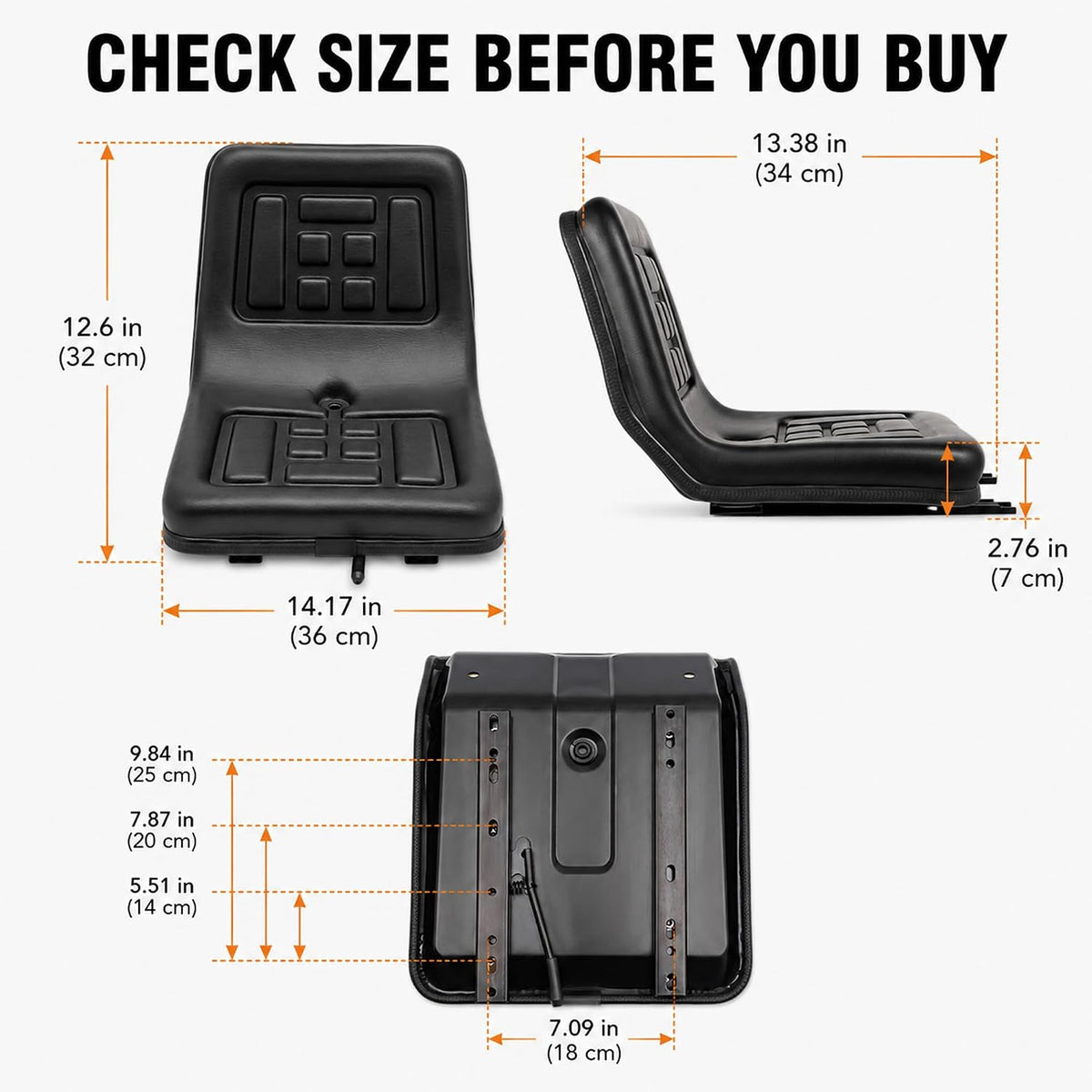 Universal Forklift Tractor Seat Cushion Lawn Mower Seat | Replacement Seats with Drain Groove & Adjustable Slide Rails