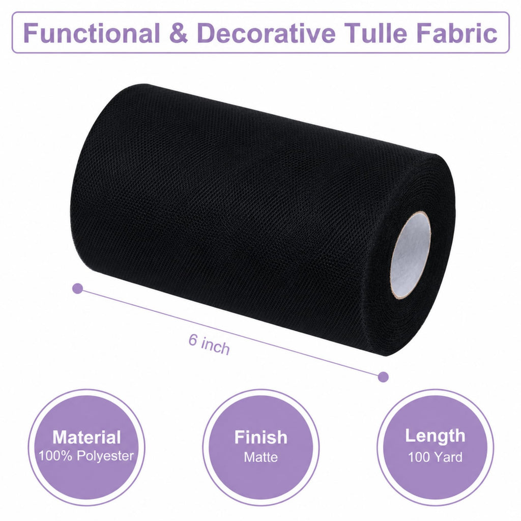 Black Tulle Fabric Rolls 6 Inch by 100 Yards Tulle Roll Spool Fabric