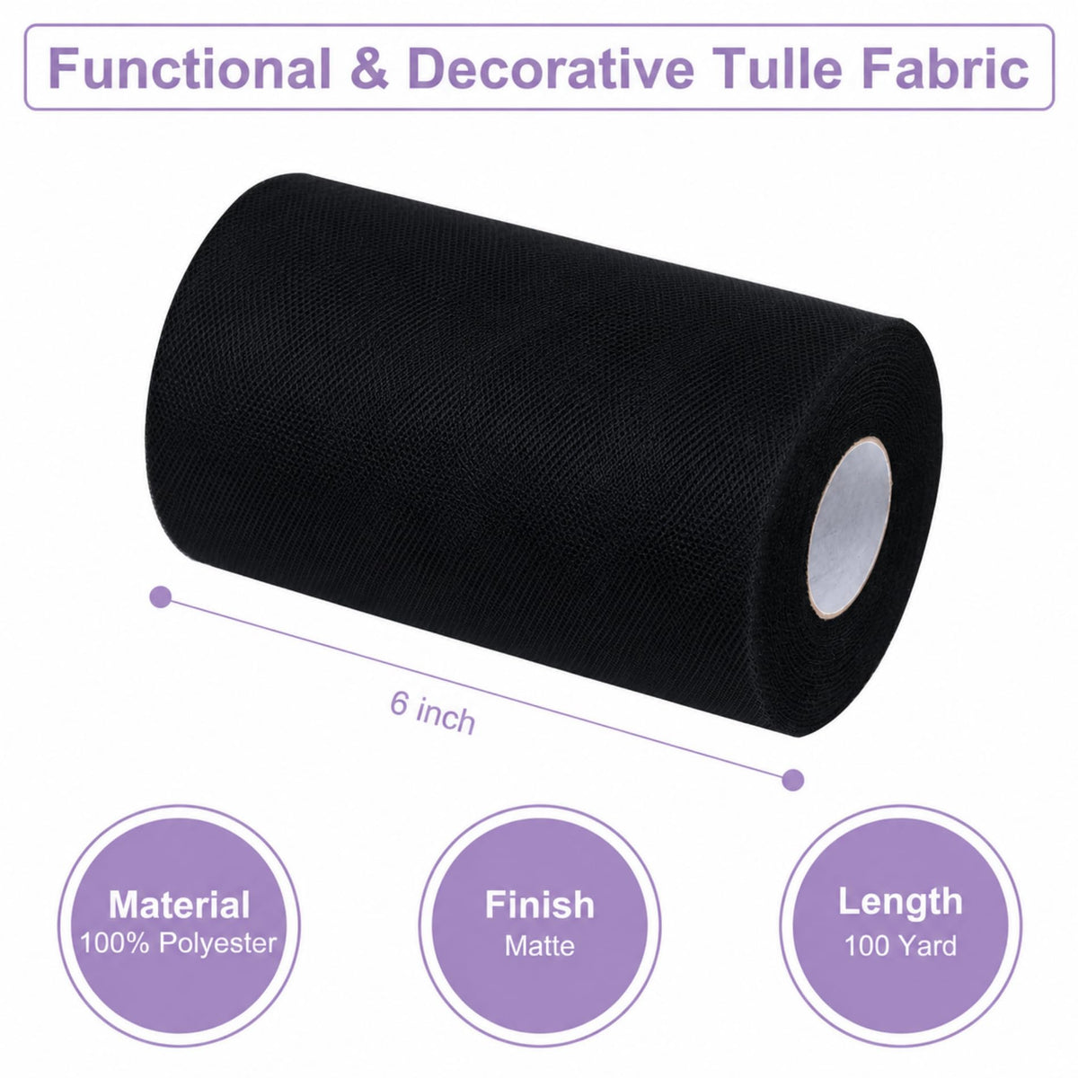 Black Tulle Fabric Rolls 6 Inch by 100 Yards Tulle Roll Spool Fabric