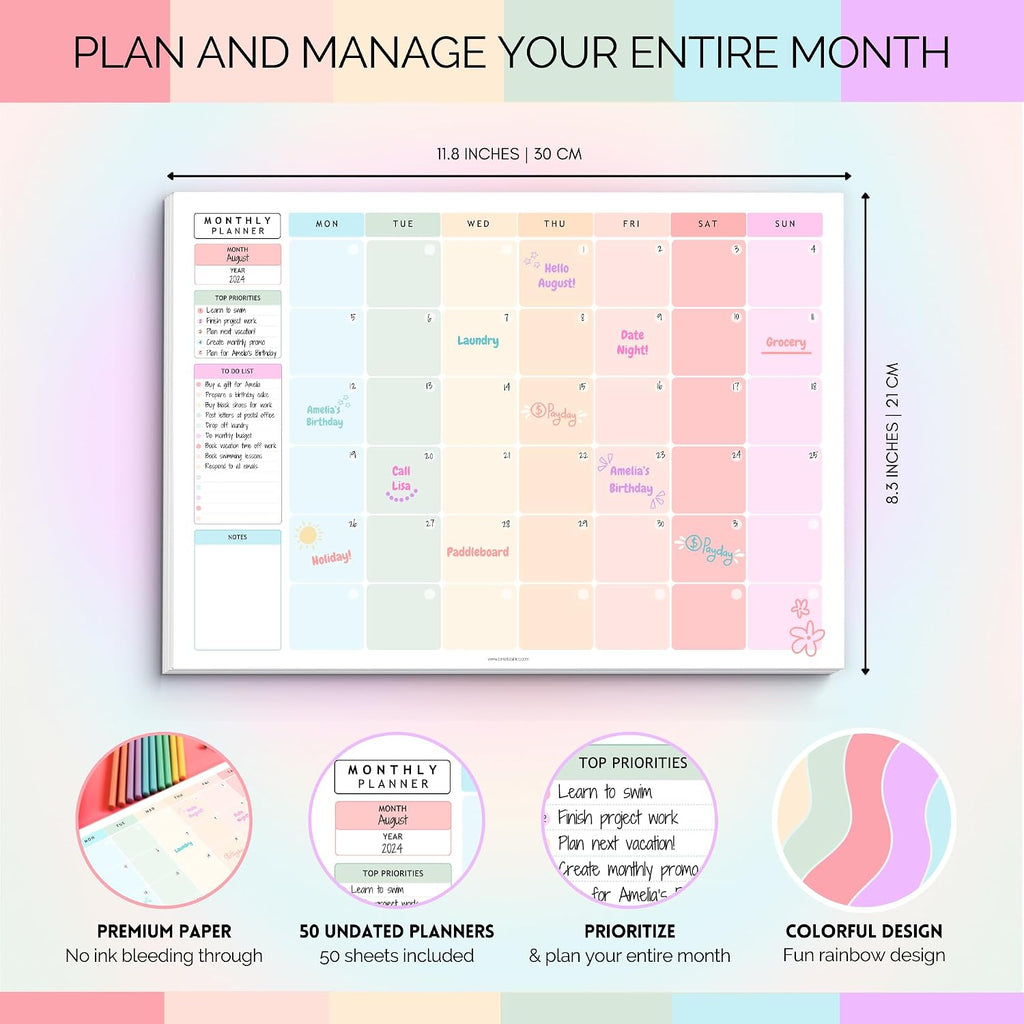 Monthly To Do List Notepad | Monthly Planner Desk Pad, Brain Dump, Organizer and Priority List | 50 Undated Tear Away
