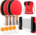 Ping Pong Paddle Set, Table Tennis Set with 4 Rackets and 8 Balls, Retractable Net with Storage Bag - Pingpong Paddle